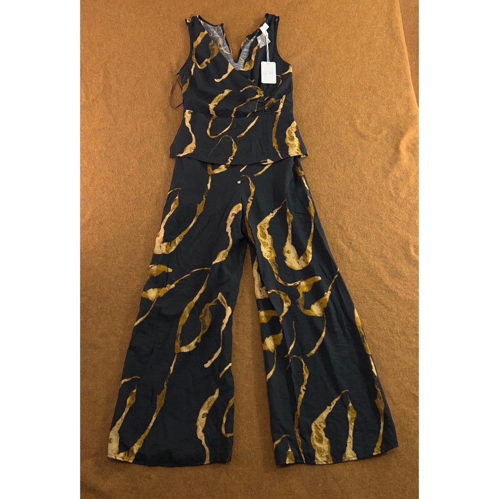 Gilli Womens Medium Black Gold Abstract Peplum Wide Leg Jumpsuit NWT